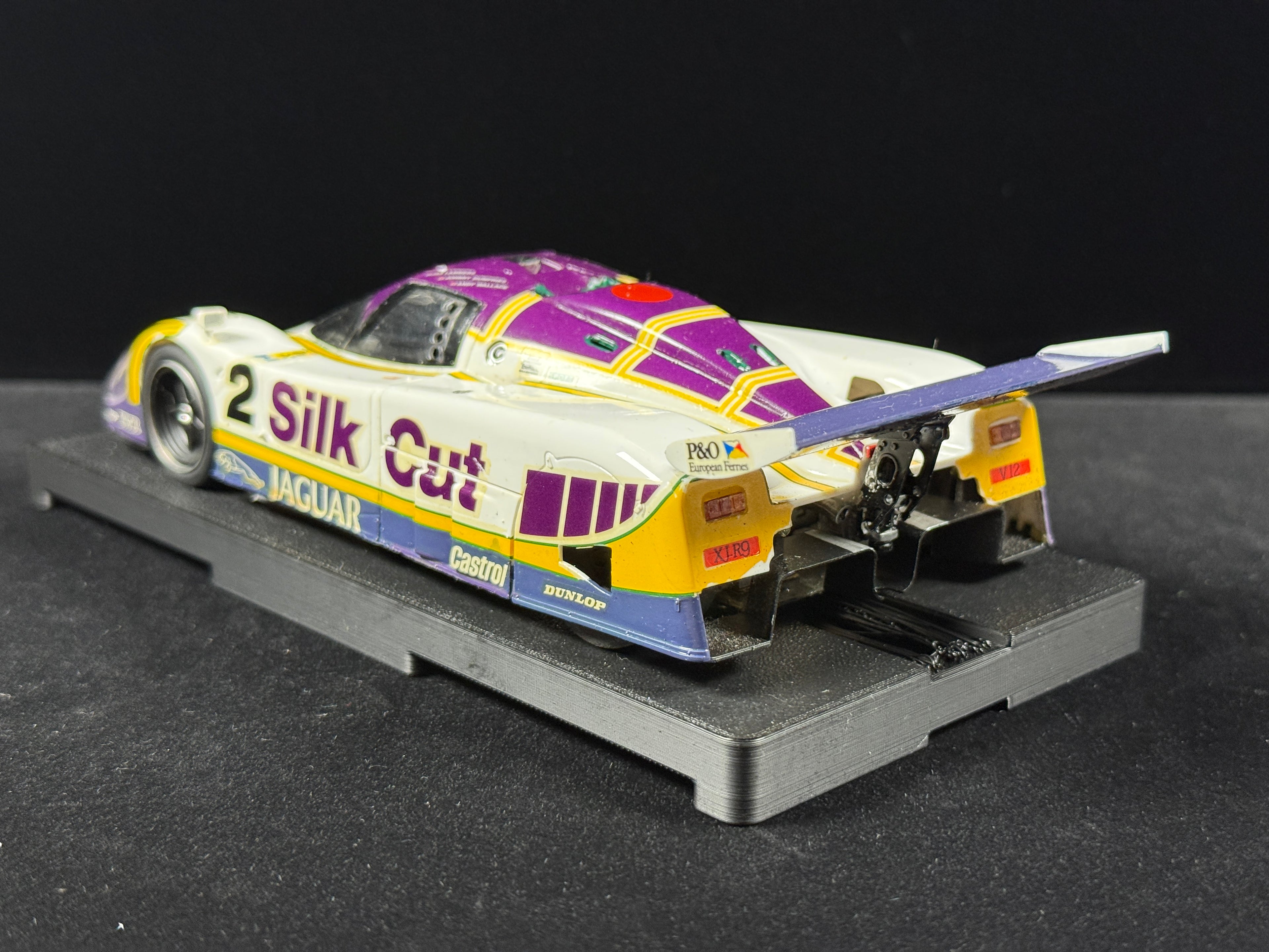 Silk Cut Jaguar XJR-9 Group C slot car rear three-quarter view